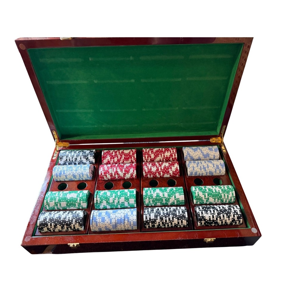Berg Company Poker Chip Set Burl Wood Case Geometric Inlay Green Felt Interior